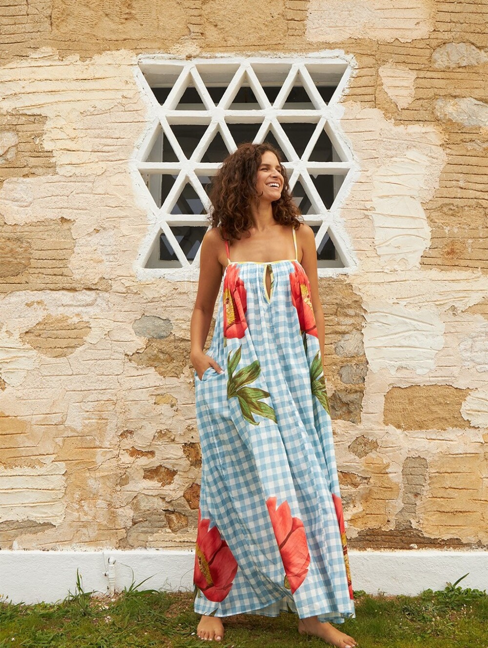 Cristina Beautiful Life Anna Blue Gingham Floral Maxi Dress Size L BNWT